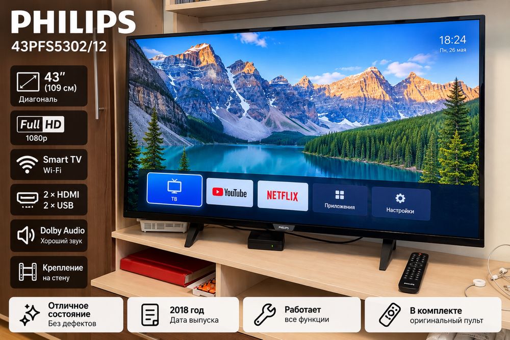 Телевизор Philips 43″ (109 см) Full HD, Smart TV, Wi-Fi