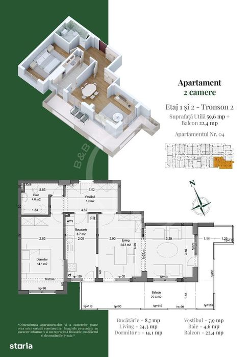 Apartament 2 camere Living generos cu Dining-Theodor Pallady
