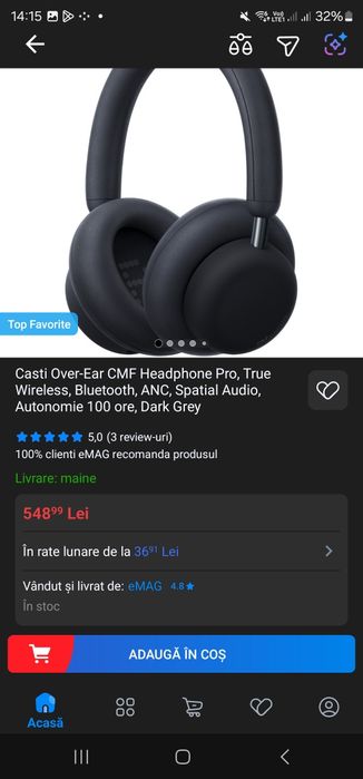 Casti Over-Ear CMF Headphone Pro, True Wireless, Bluetooth, ANC, Spati