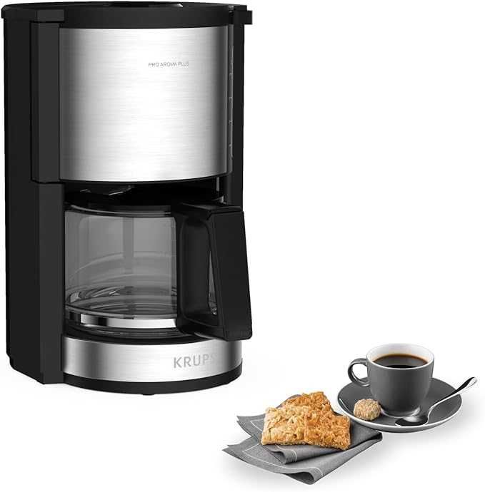 Кафемашина Krups KM321 Proaroma Plus Glass, 10 чаши, 1100 W, модерен дизайн, черна с апликация от неръждаема стомана [Енергиен клас B]