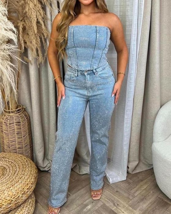 Топ и дънки с камъни дънков сет