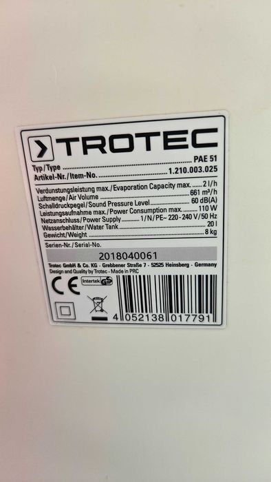 Trotec PAE 51 въздушен охладител / air cooler 20L