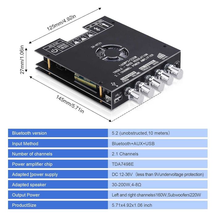аудио Усилвател 2+1  2x160 W + 220 W  субуфер Bluetooth TDA7498E Chip