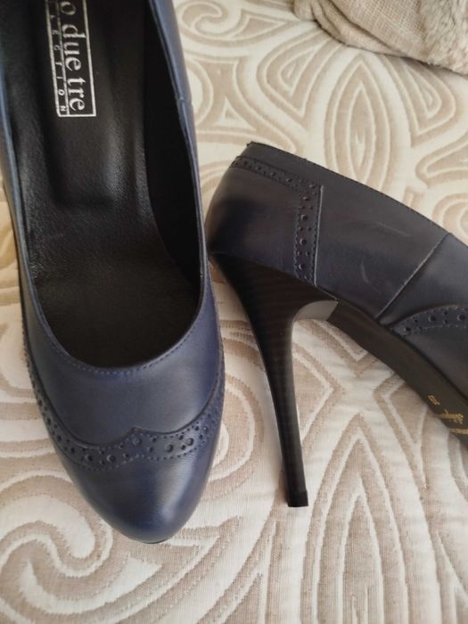 Тъмно сини кожени обувки, 10 см ток