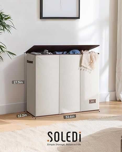 Coș de rufe SOLEDI, 3 compartimente, capac inclus, 3 saci, 180 l
