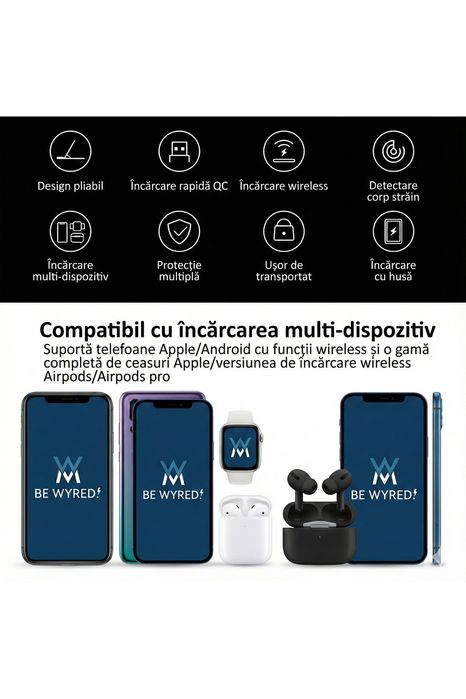 Statie Incarcare Wireless 3-in-1 Pliabila Wyred by Monga Qi 15W Negru