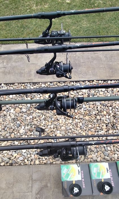 Set Complet Pescuit, 4 Lansete, 4 Mulinete 10000 cu Baitrunner,Rod Pod