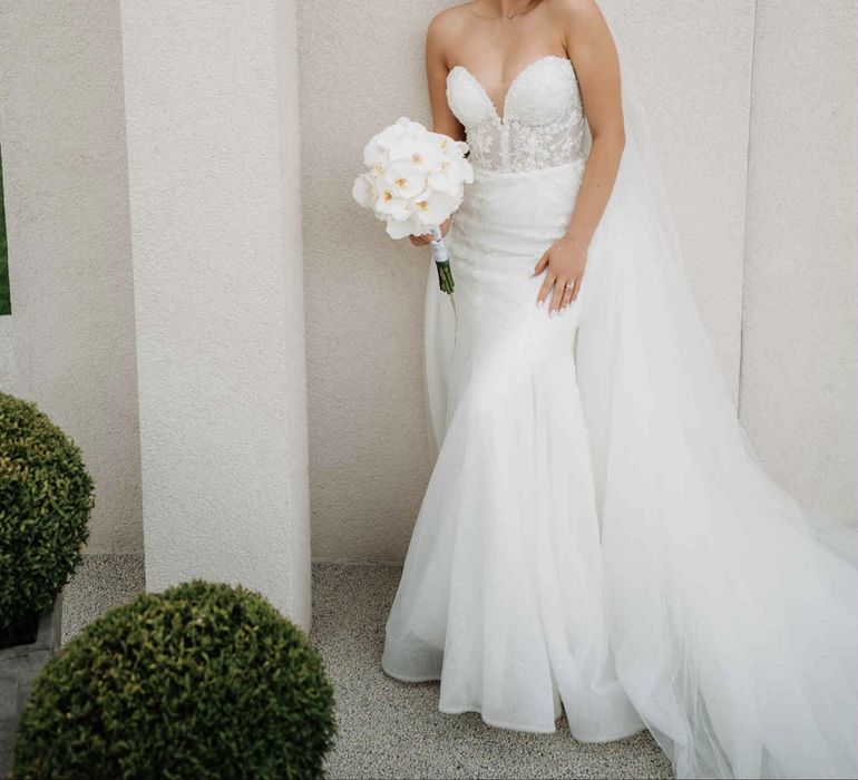 Rochie de mireasă tip sirenă+voal+ trenă detașabilă