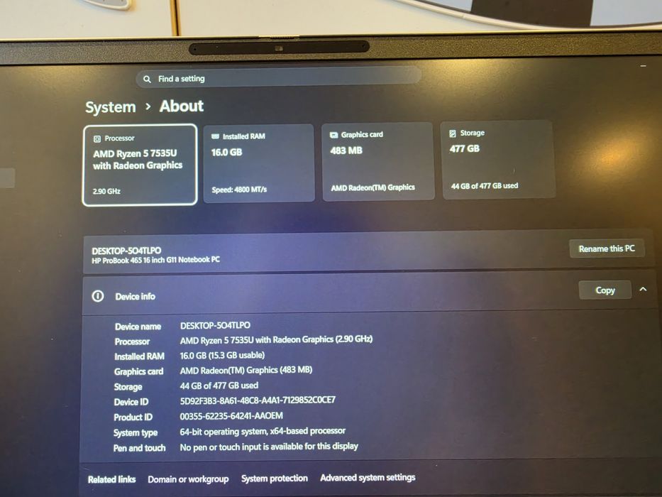 HP Probook 465 G11 / Ryzen 5-7535U / 16GB Ram / 512 SSD
