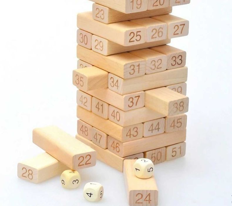 Дървена Дженга Кула с 4 зара и 54 блокчета JENGA / дървен строител