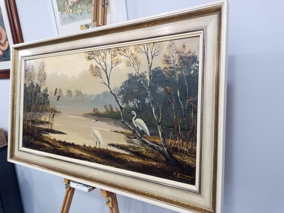 Голяма оригинална маслена картина "Silberreiher" (Бяла чапла) от немския художник Рудолф Хиршел – Мюнхенска школа