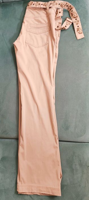 Pantaloni bej/tan cu broderii și centură textilă, feminini, casual- Zara TRF - Mărimea 40