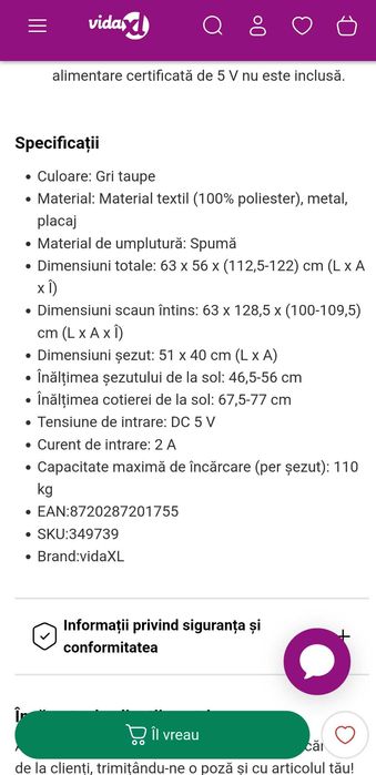 Scaun de birou ca nou, cu spatar rabatabil si suport pentru picioare