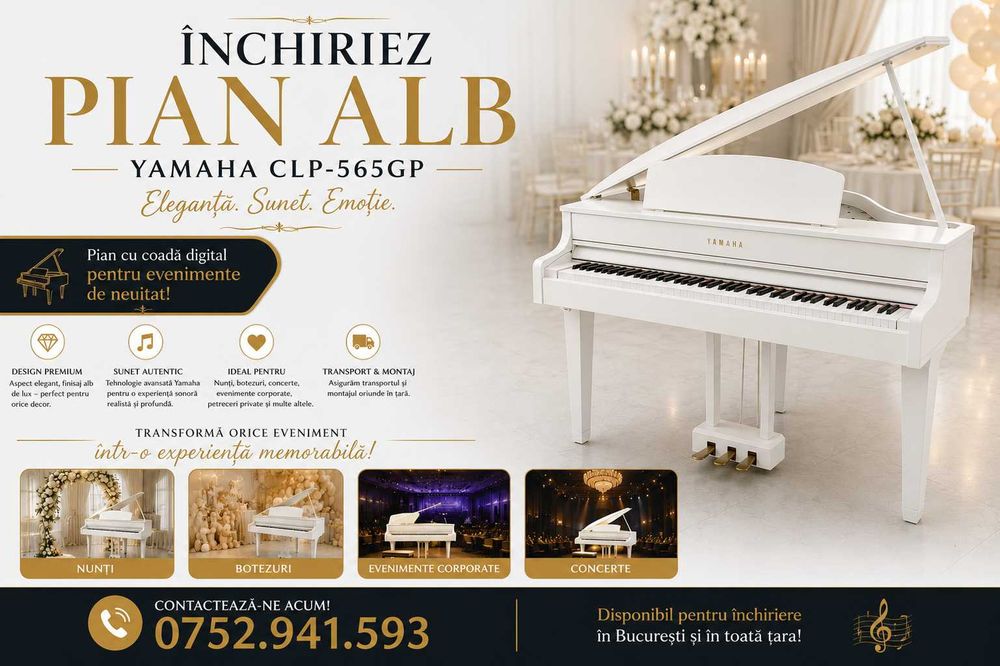 Închiriez Pian Alb cu Coada Yamaha CLP-565GP – Evenimente
