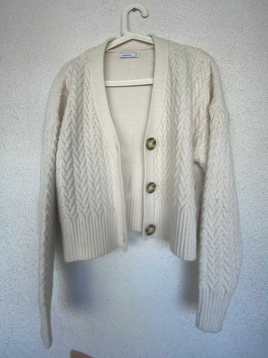 Cardigan alb ecru, cu model, gros, de iarna, S, nou, Reserved