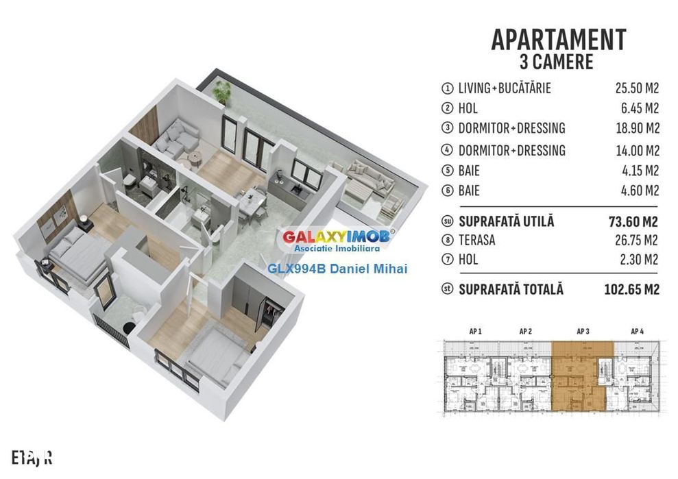 Apartament 3 camere2bai-100mp-Loc parcare gratuit-Prelungirea Ghencea