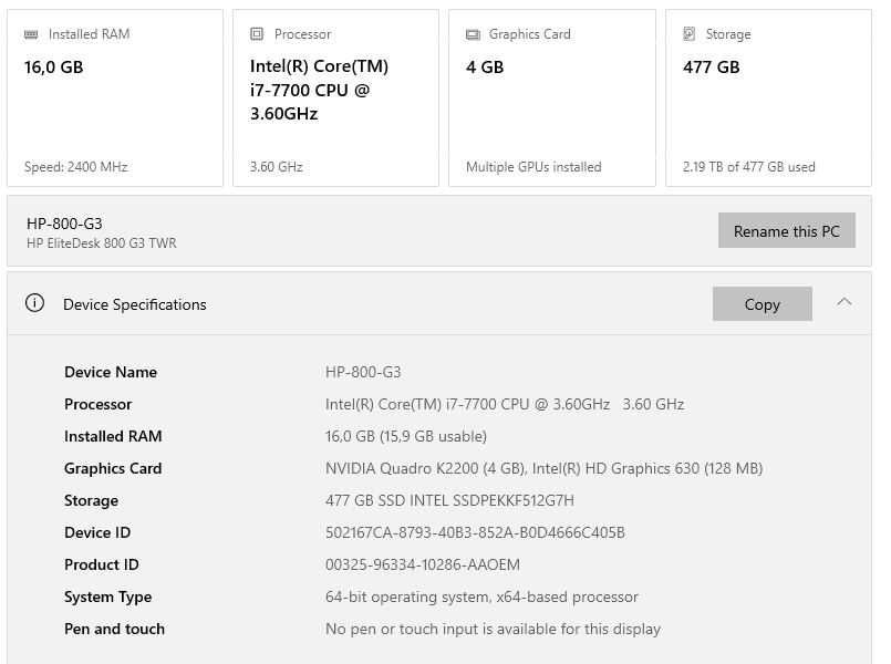 HP EliteDesk 800 G3 Tower: i7-7700 3.60GHz, 16GB DDR4, K2200 4GB