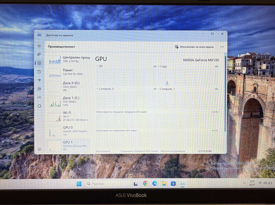 Лаптоп ASUS VivoBook 15, Intel Core i7 8550U, MX 130 2GB, 20GB ram