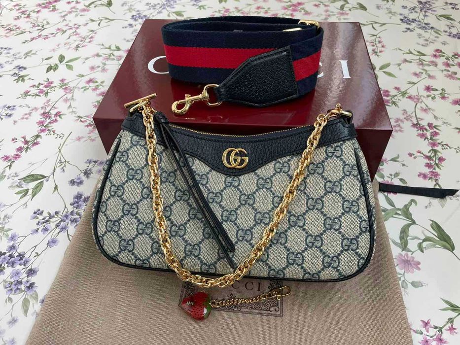 Оригинална Чанта Gucci Ophidia Синя Кожа Бежов Canvas Гучи Златно Gold GG Лого и Синджир