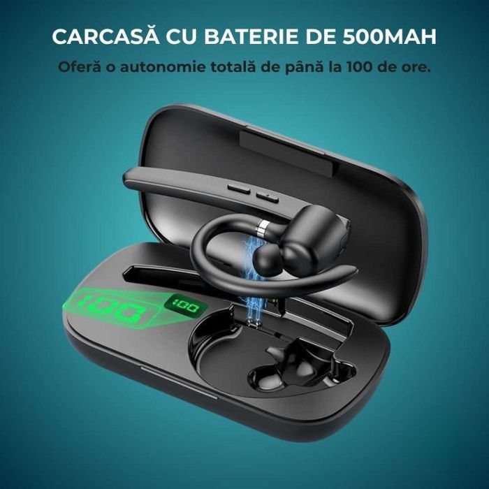 Casca Bluetooth CerCip G9, Autonomie baterie 15 ore, Carcasa de incarcare, Anulare zgomot, Sunet HD