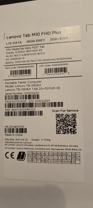 Tableta Lenovo Tab M10 FHD Plus TB-X606X 4G Sim card 32GB - 2GB.