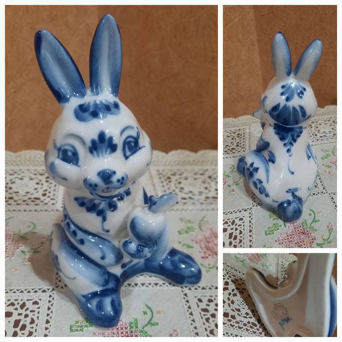 Большая Фарфоровая фигурка " Заяц с репкой "Гжель, ручная роспись, в и