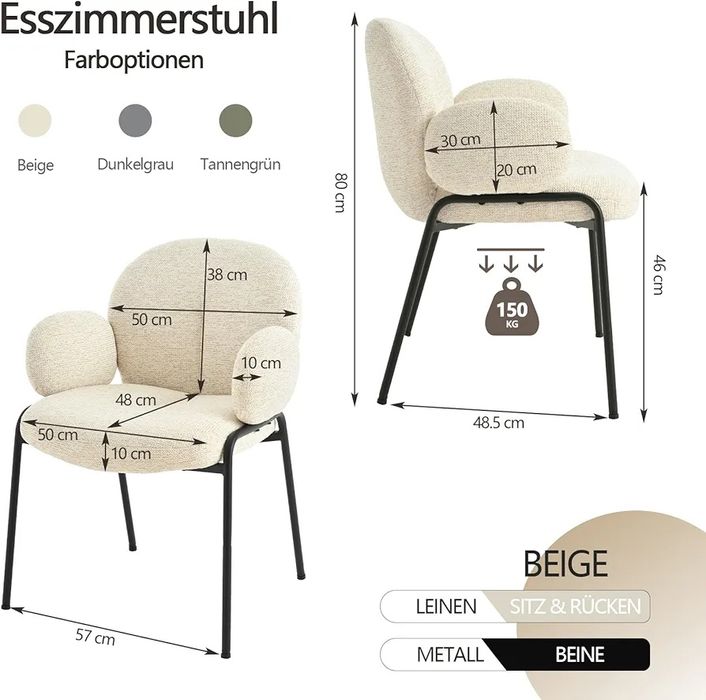 NOU Set 6 scaune fixe, cream, textil