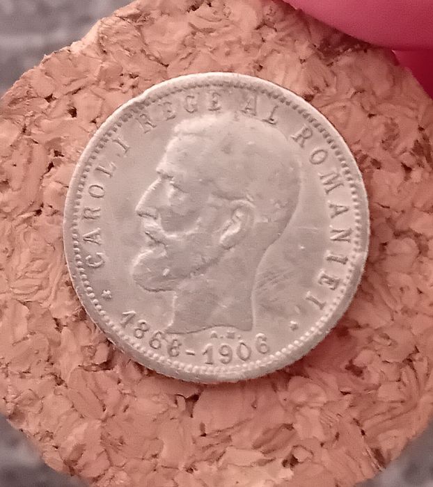 Monedă rară 1 LEU, 1906 – Carol I, două portrete istorice – argint, piesă de colecție