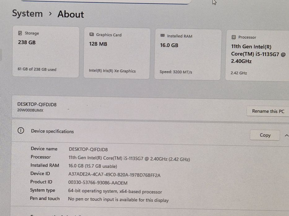 vand laptop Lenovo ThinkPad T14 Gen 2i..14"FH.i5 1135G7..16 Gb.Ssd 256