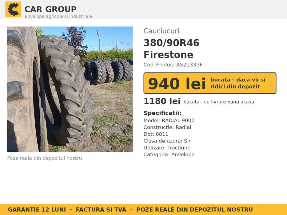 Cauciucuri Anvelope 380/90R46 380/90 R46 14.9R46 14.9-46 3809046 Firestone Prasitoare Tractor Roti Inguste SH Second Hand LIVRARE Garantie 1 An