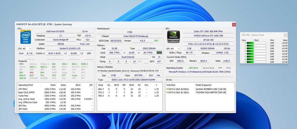 Intel Xeon E5-2670 (8c/16Thr), OEM X79, GTX1060, 32GB, SSD128, HDD500