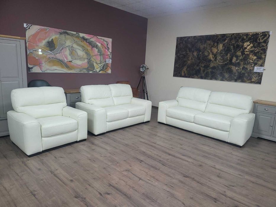 Светло кремав кожен комплект дивани тройка,двойка и фотьойл