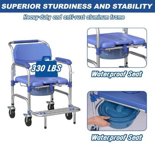 Инвалидна количка Bimiti, комбиниран стол за баня и тоалет с колела