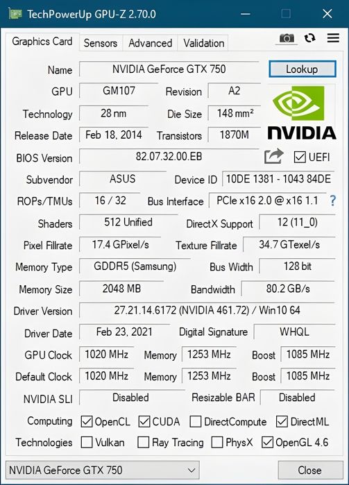 ASUS GTX 750 2gb ddr5 128bit