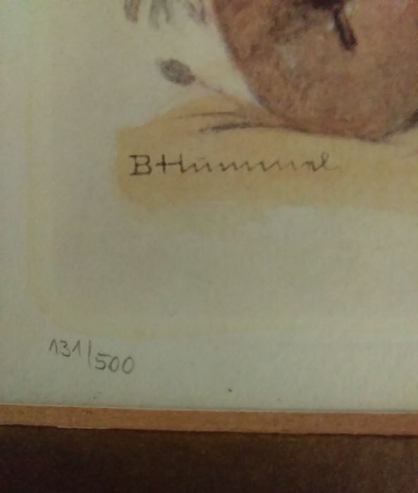 EXTREM DE RARĂ - Gravură pictată manual după M.I. HUMMEL