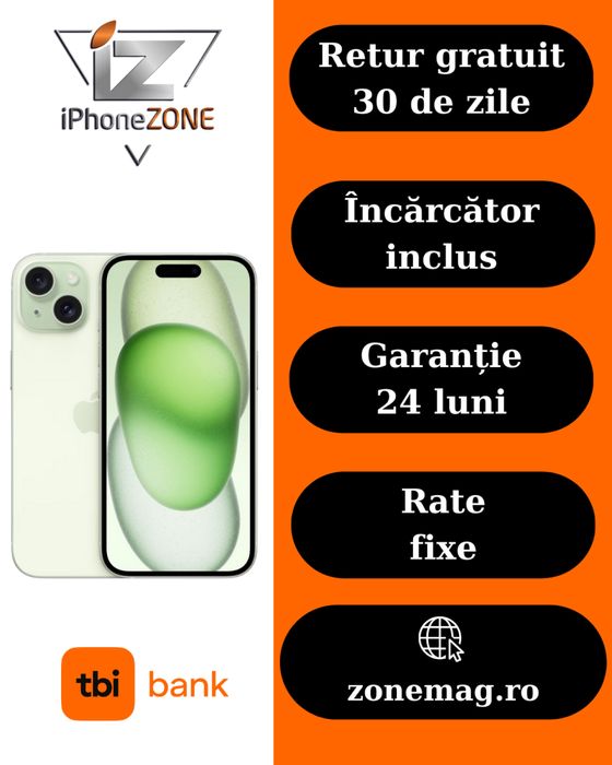 Iphone 15 256GB 100% Verde Garantie Rate BuyBack - zonemag.ro