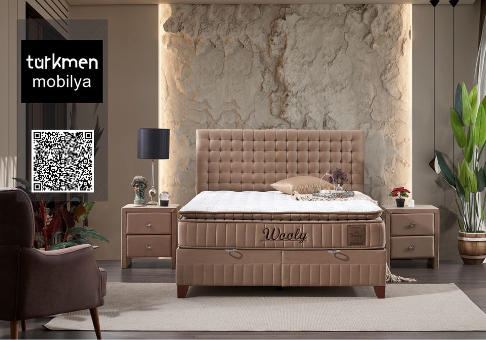 Тапицирано легло Wooly Кафява Охра с луксозен матрак