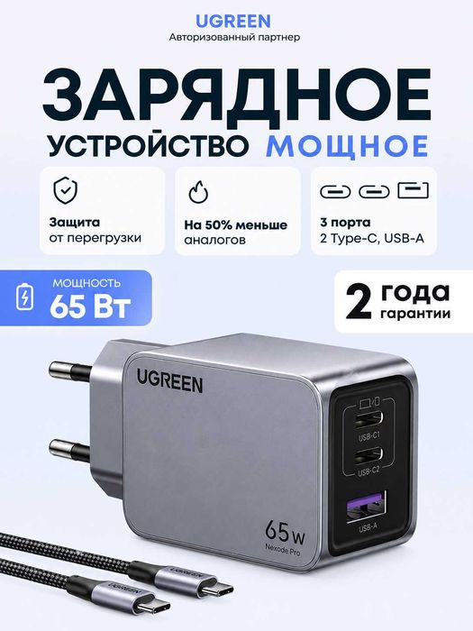 Зарядное устройство UGREEN X755 65W GaN 3 порта быстрая зарядка