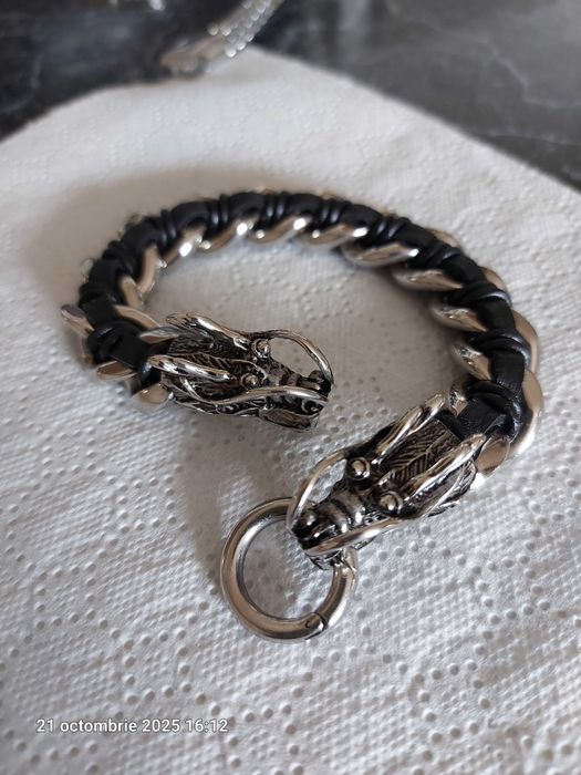 Bratara dama inox si pt barbat inox cu piele si capuri dragon