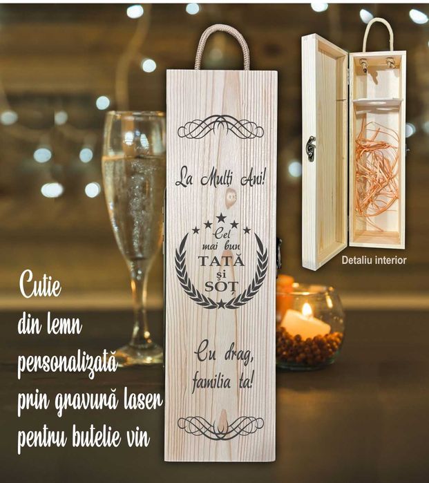 Cadou Cutie lemn gravată pentru butelie vin