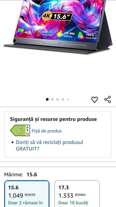 Monitor portabil UPERFECT 4K 15,6 inch cu afișaj IPS UHD 3840 x 2160/ HDMI/ USB C/ ecran mat pentru PC/ laptop/ PS4/5/ Xbox/ Switch/ fotografi/ NOU