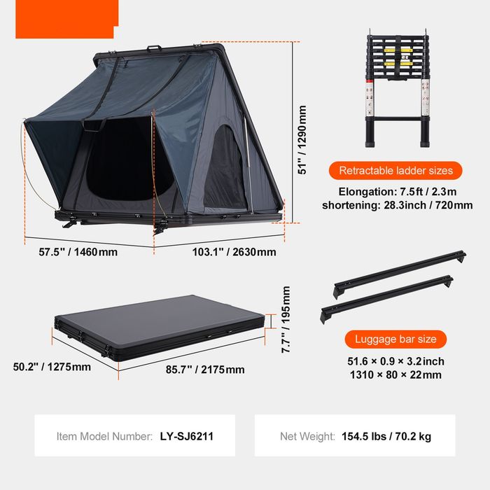 Cort de plafon auto carcasa rigida 2-3 persoane cu amortizoare pe gaz, scara telescopica 2,3 m, saltea groasa, impermeabil, SUV pickup