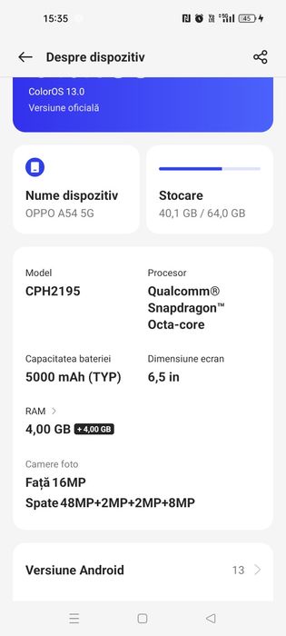Telefon OPPO A54 5G, 64GB, 4GB RAM+4 extindere ,Senzor Amprentă