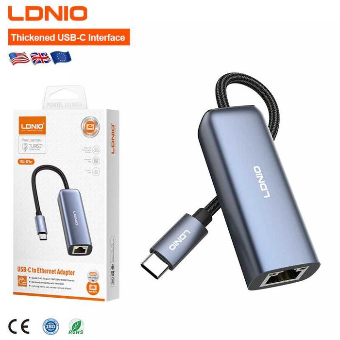 USB-A, USB-C to Ethernet LAN-адаптер LDNIO RJ-01c (Сетевая карта)