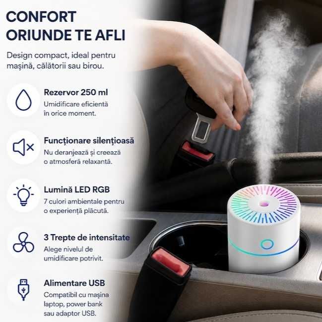 Umidificator de Aer Portabil USB 3 in 1, Ventilator si Racitor Evaporativ, Rezervor 250 ml, Lumina LED RGB, Silentios, Alb