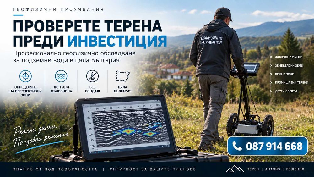 Професионално обследване за подземни води в ЦЯЛА БЪЛГАРИЯ - Георадар, вода, подпочвени води, водоизточник, хидрогеология, кладенец, без сондаж, сонда