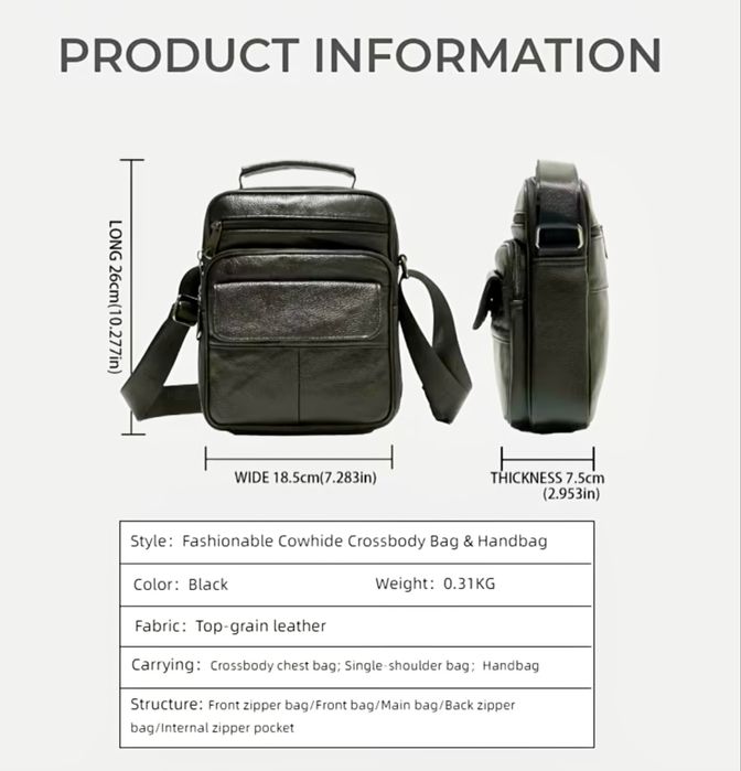 Мъжка ежедневна кожена чанта с класически дизайн /Черна естест. кожа!