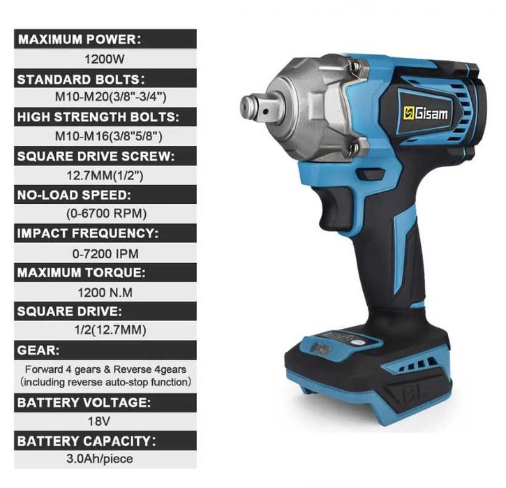 Безчетков Акумулаторен Гайковерт GISAM  1200 Nm