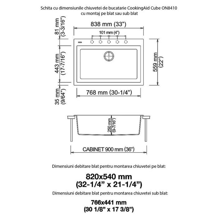 Chiuveta bucatarie granit Neagra + accesorii montaj, 838x559x250 mm