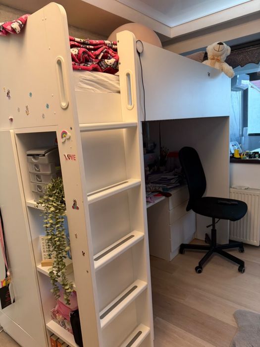 Ansamblu Pat Suprapus IKEA SMÅSTAD cu Birou, Dulap, Saltea și Scaun de Birou
